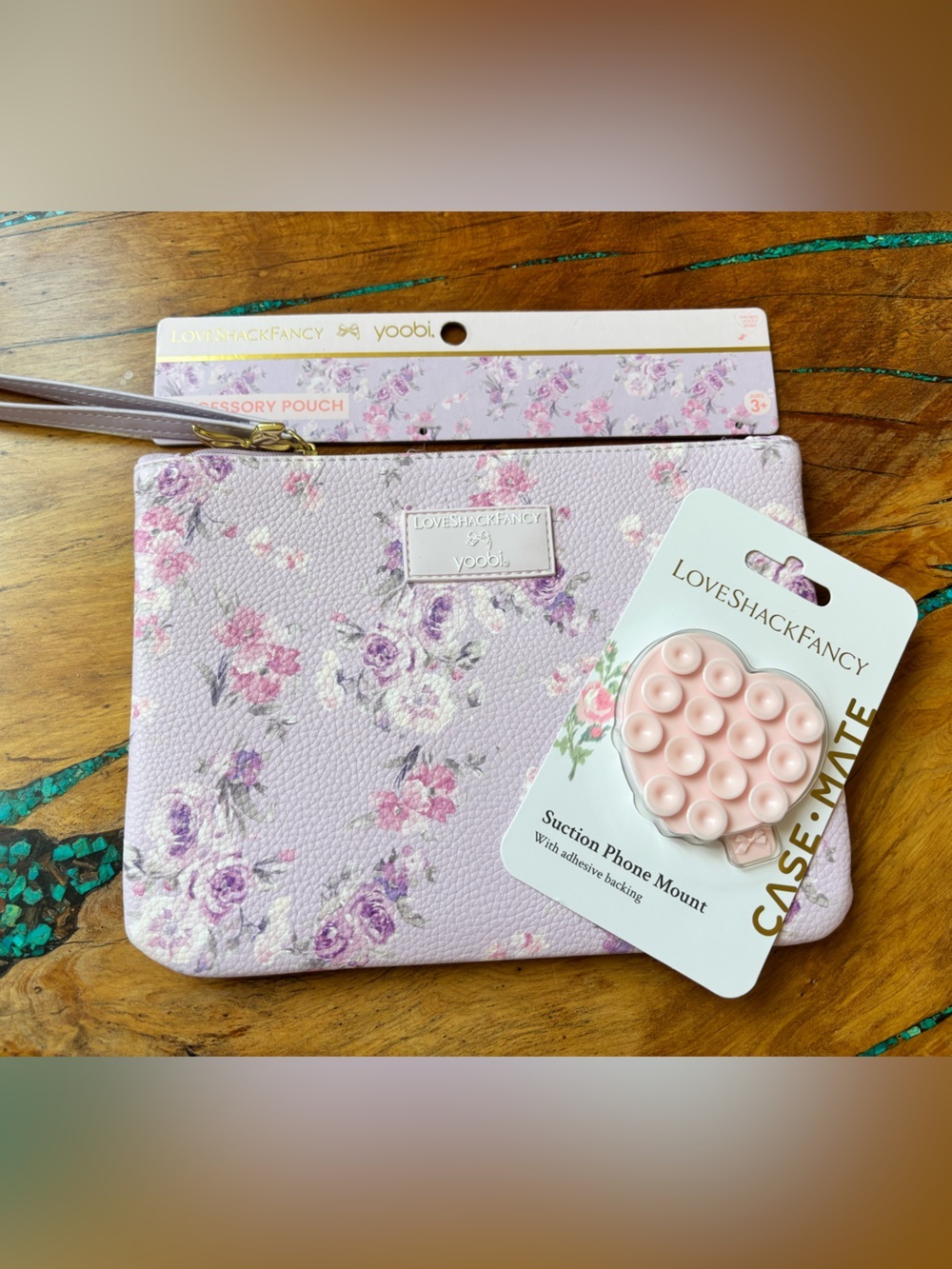 LoveShackFancy Floral Wristlet Pouch with Pink Heart Phone Mount